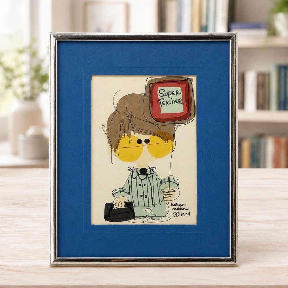 Helyn Mann Signed Original Watercolor Ink Cartoon Super Teacher Framed Art 1974